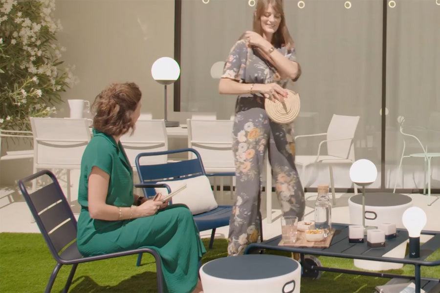 Luxembourg Lounge Armchair by Fermob, showing luxembourg lounge armchair with tables in the live shot.