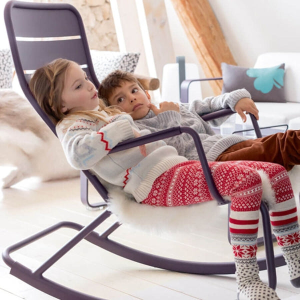 Luxembourg Rocking Chair by Fermob, showing side view of rocking chair in live shot