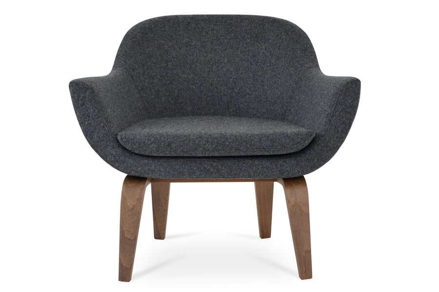 Madison Plywood Arm Chair by Sohoconcept, showing front view of chair in dark grey camira wool with walnut finish.