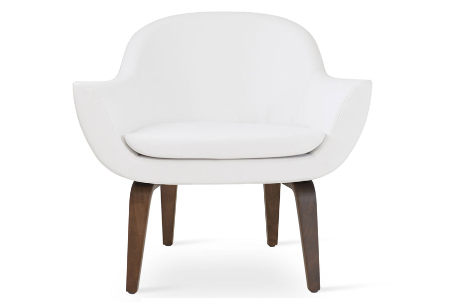 Madison Plywood Arm Chair by Sohoconcept, showing front view of chair in white leatherette with walnut finish.