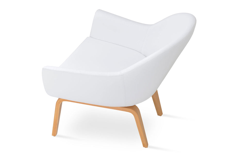 Madison Plywood Arm Chair by Sohoconcept, showing angle view of chair in white leatherette with natural finish.