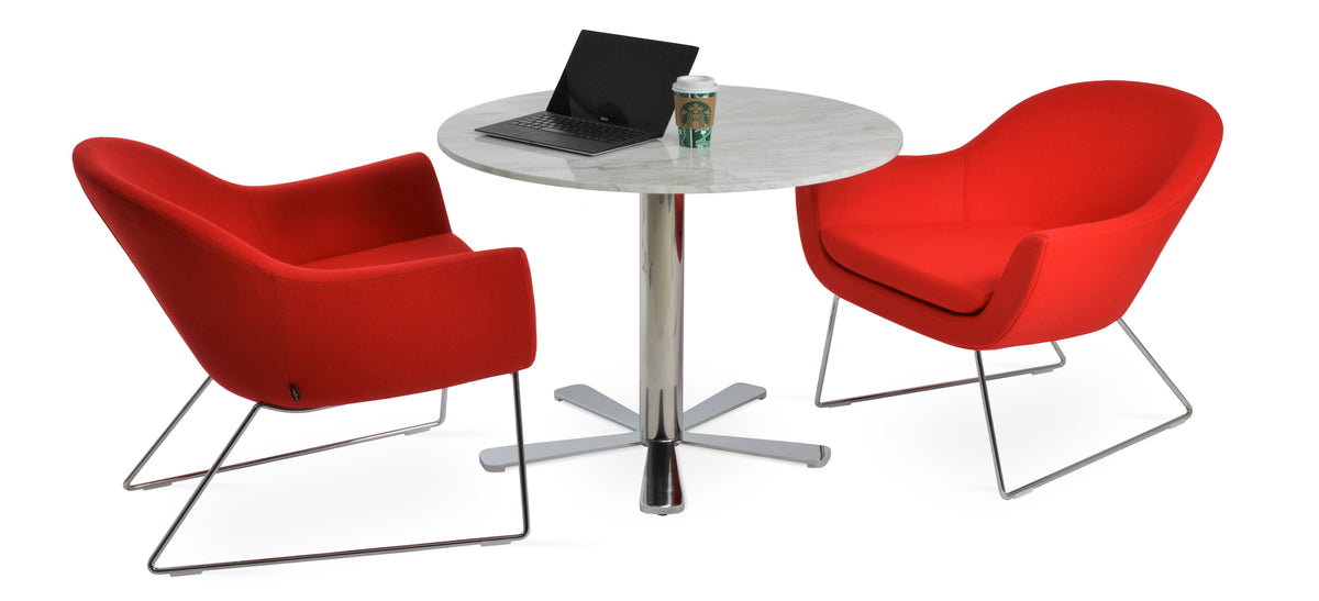 Madison Sled Wire Arm Chair by SohoConcept, showing two sled wire arm chairs with table.