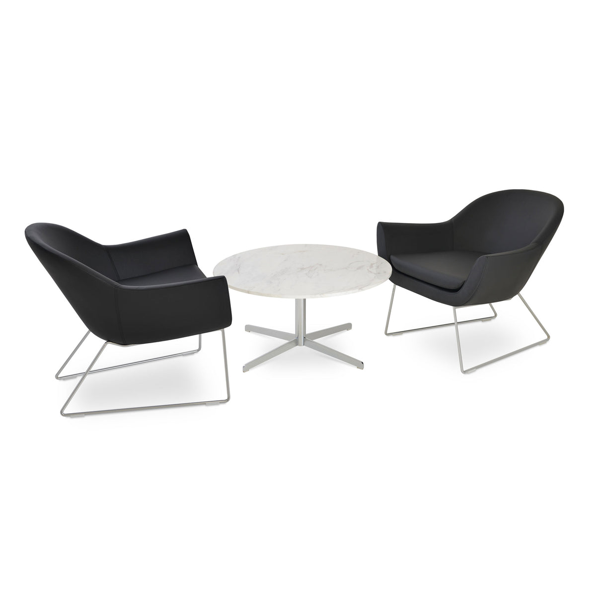 Madison Sled Wire Arm Chair by SohoConcept, showing two sled wire arm chairs with table.