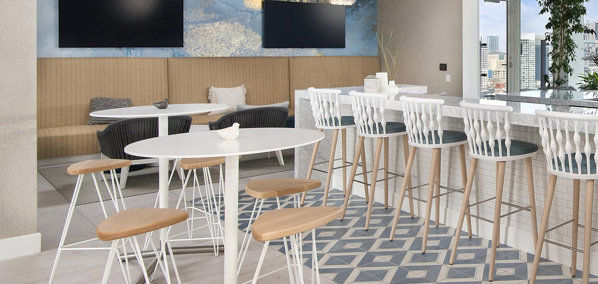 Madison Stool by Tronk Design, showing madison stools in live shot.