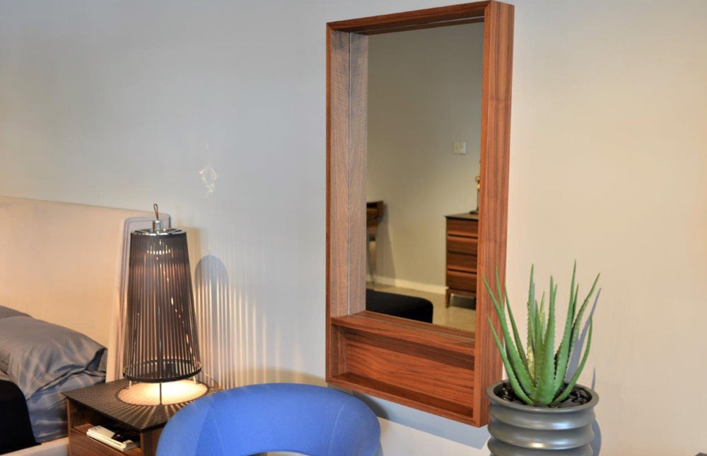 Malta Mirror by SohoConcept, showing malta mirror with shelf in live shot.