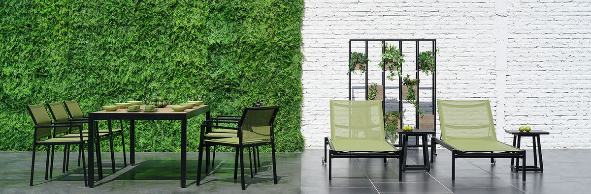 Allux Stacking Armchair by Mamagreen, showing stackable armchairs and dining table in live shot.