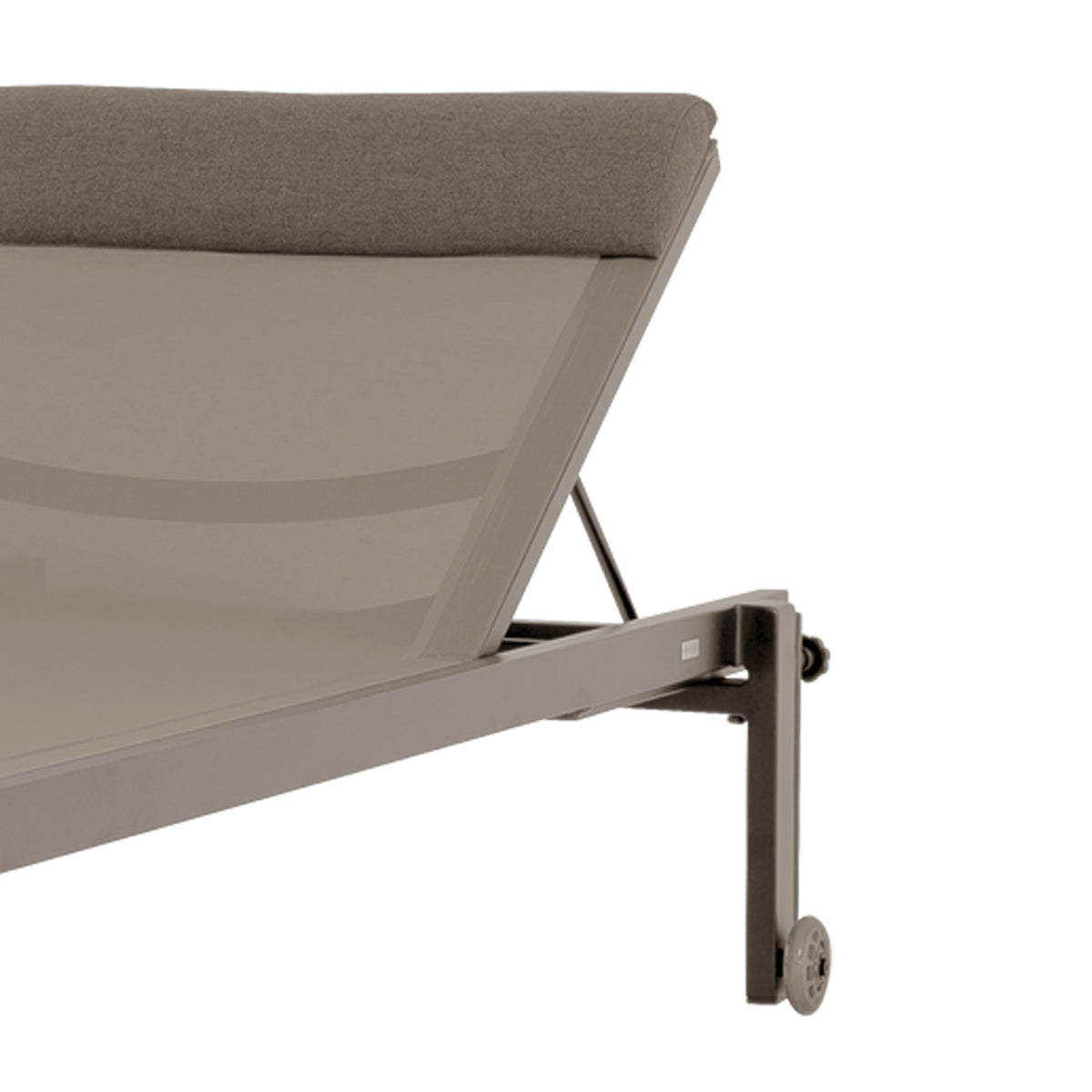 Allux Stackable Lounger with Shade by Mamagreen, showing closeup view of allux stackable lounger with shade in sand category a/light taupe standard batyline.