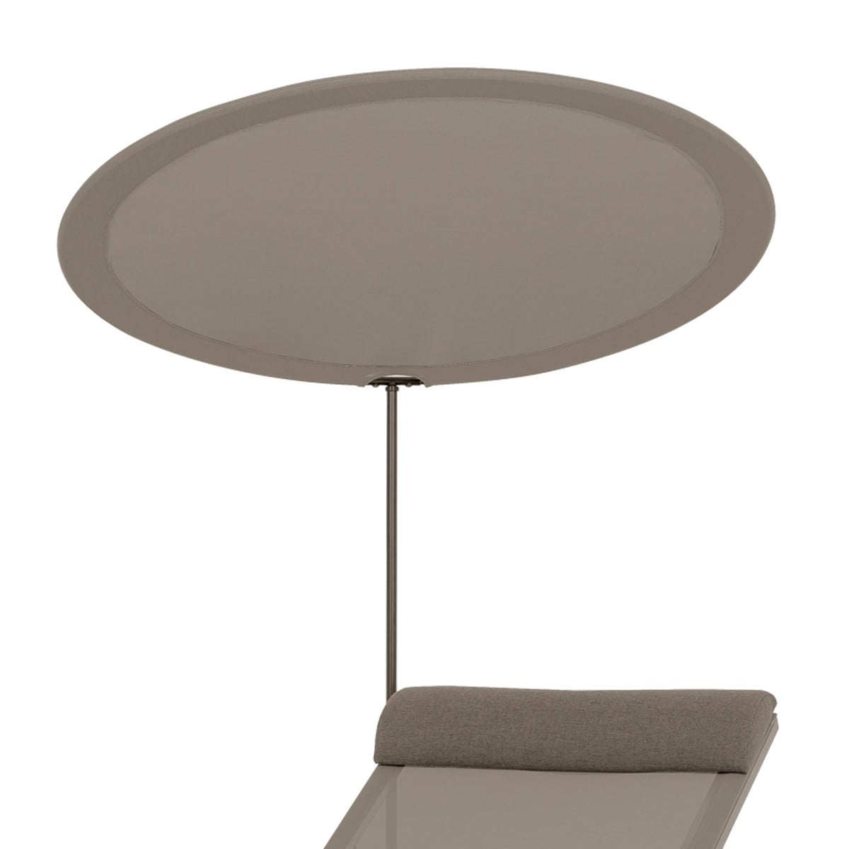 Allux Stackable Lounger with Shade by Mamagreen, showing closeup view of shade of allux stackable lounger with shade in sand category a/light taupe standard batyline.