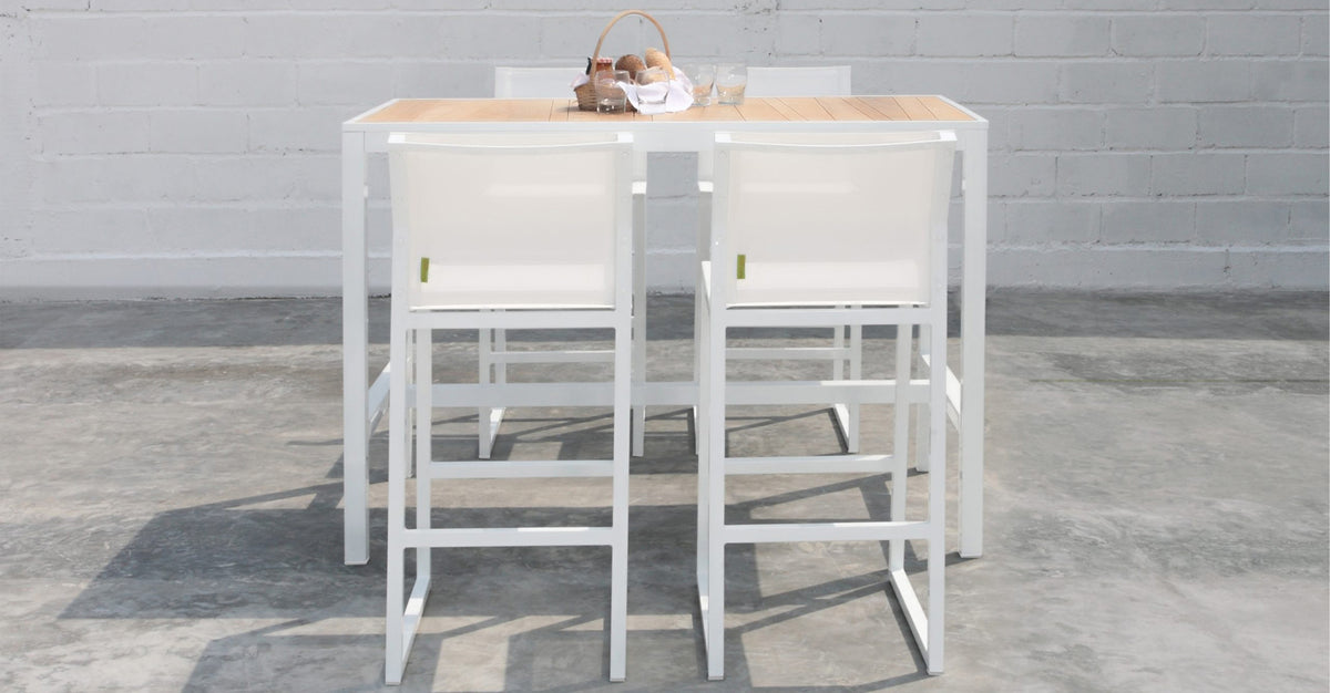 Allux Wood Bar Table by Mamagreen, showing allux wood bar table with bar chair in live shot.