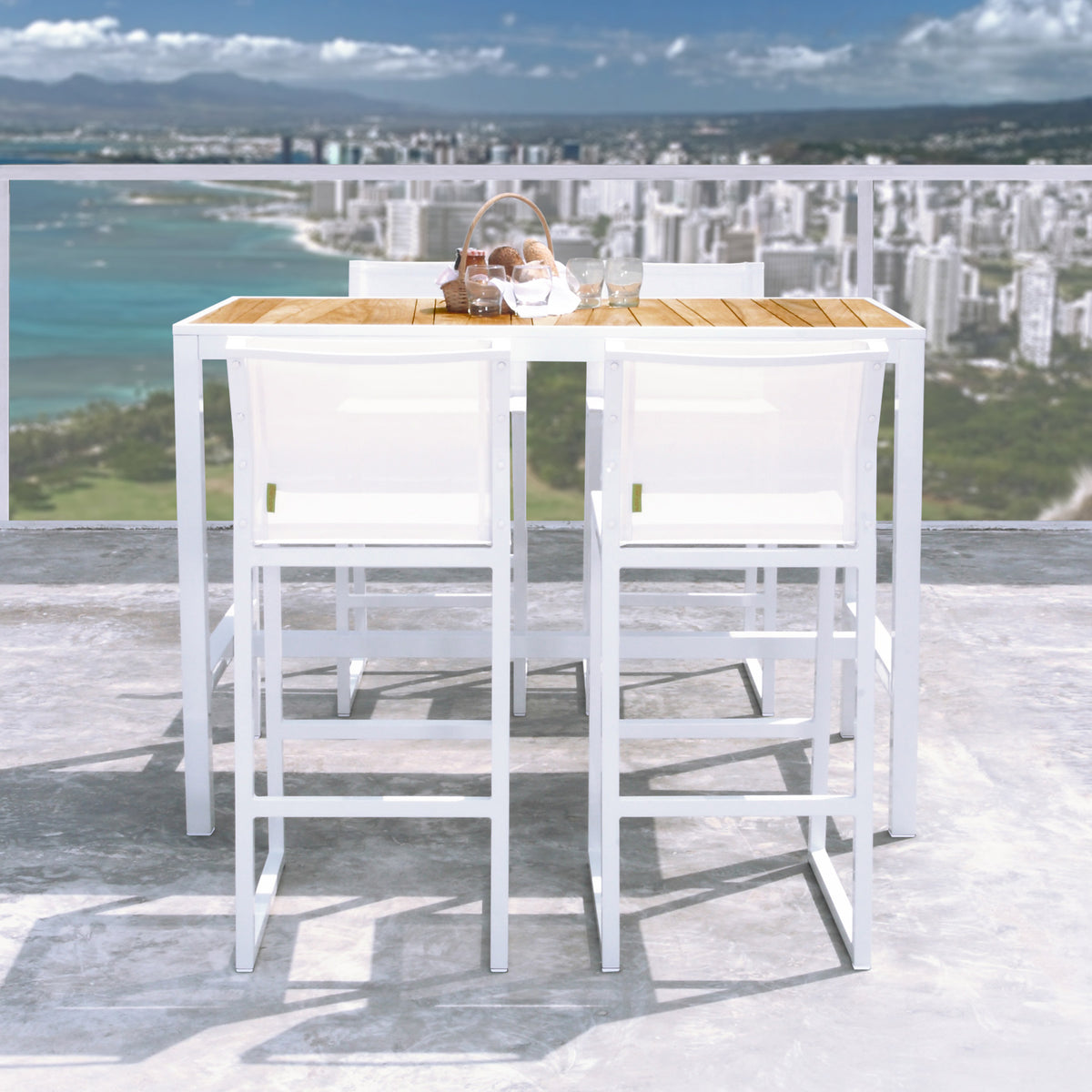 Allux Wood Bar Table by Mamagreen, showing allux wood bar table with bar chair in live shot.