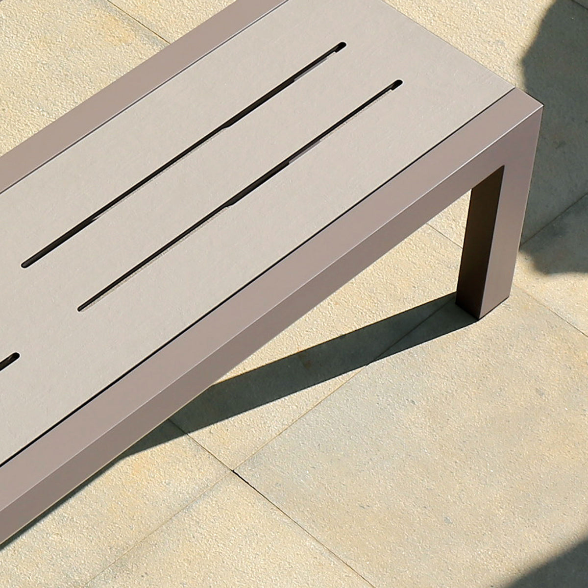 Baia HPL Aluminum 57" Bench by Mamagreen, showing closeup view of baia hpl aluminum 57" bench in live shot.