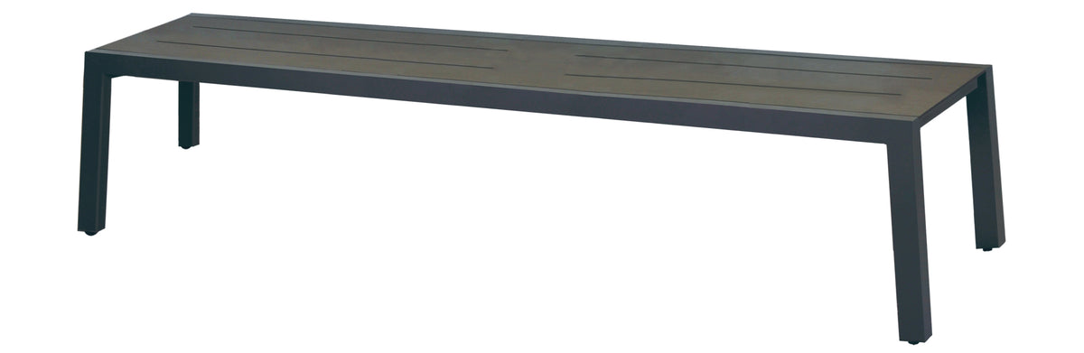 Baia HPL Aluminum 80.5" Bench by Mamagreen, showing corner view of baia hpl aluminum 80.5" bench in anthracite sand aluminum, slate hpl.