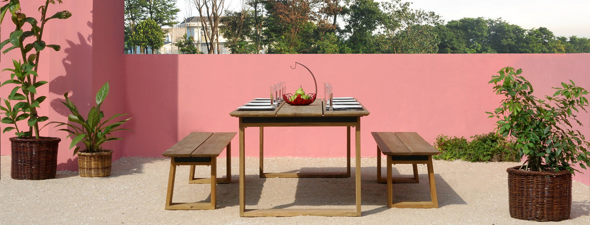 Big Daddy Bench by Mamagreen, showing big daddy bench with dining table in the live shot.