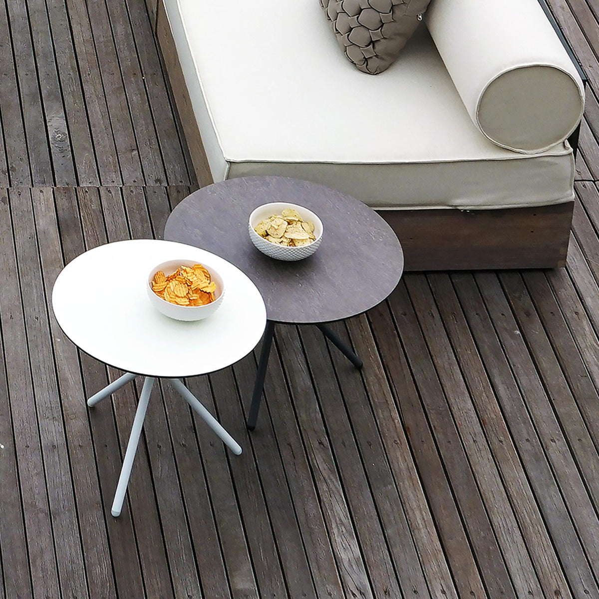 Bono HPL Aluminum Low Table by Mamagreen, showing bono hpl aluminum low table with bono hpl aluminum side table in live shot.