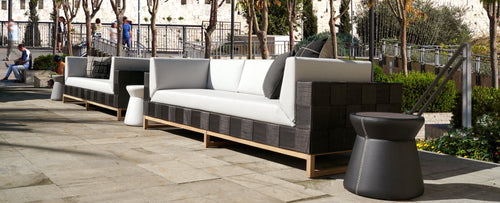 Ekka 3-Seater Sofa by Mamagreen, showing ekka 3-seater sofa with stizzy hpl side table in live shot.