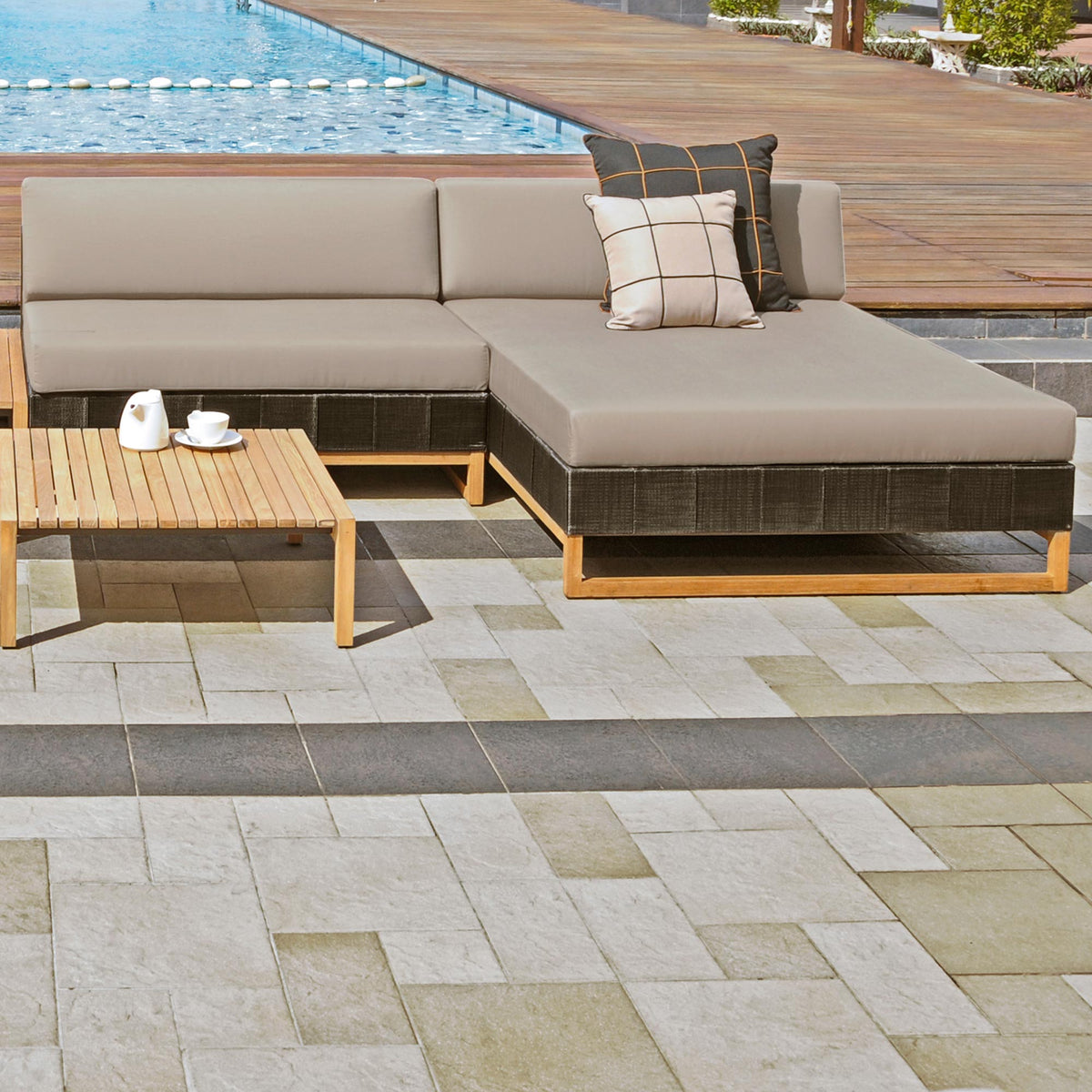 Ekka Sectional Chaise by Mamagreen, showing ekka sectional chaise with ekka sectional seat and coffee table in live shot.