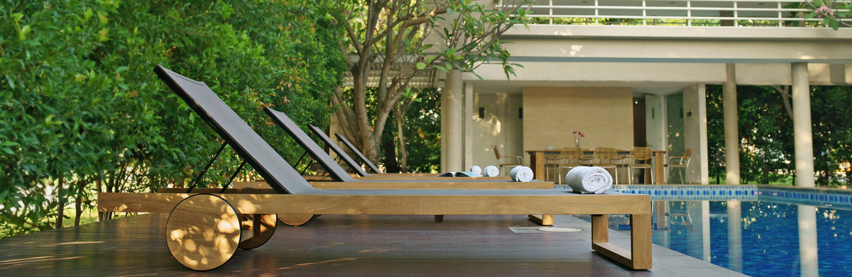 Ekka Teak Lounger by Mamagreen, showing group of ekka teak lounger in live shot.