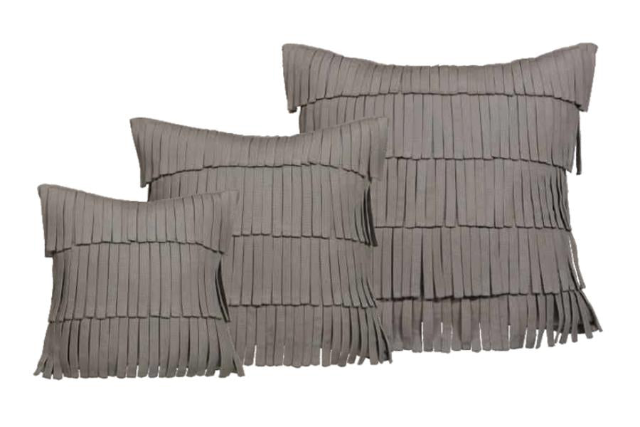 Fringe Pillows by Mamagreen, showing fringe pillows in different sizes in taupe olefin cushion.