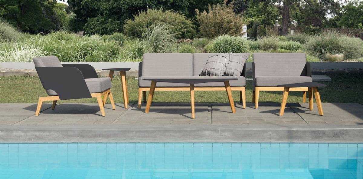 Kaat Teak 2-Seater Sofa by Mamagreen, showing kaat teak 2-seater sofa with kaat teak 1-seater sofa, large and medium coffee table in live shot.