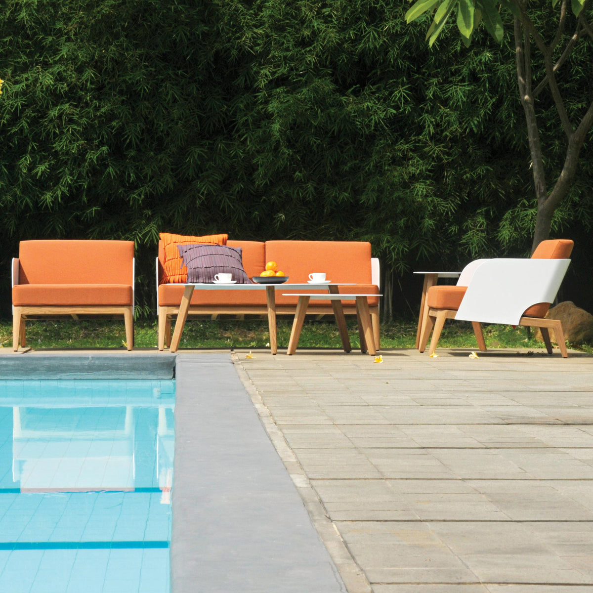 Kaat Teak 2-Seater Sofa by Mamagreen, showing kaat teak 2-seater sofa with kaat teak 1-seater sofa, large and medium coffee table in live shot.