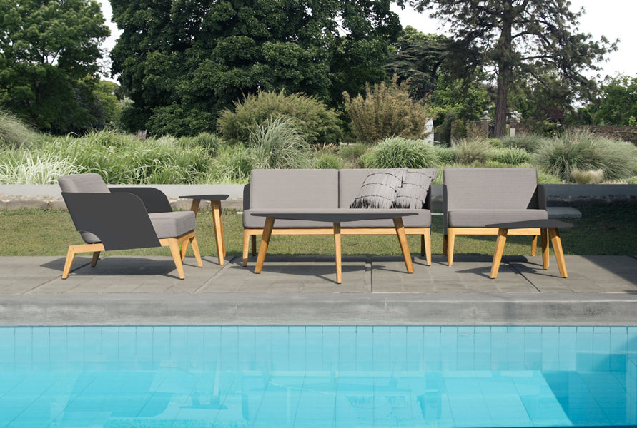 Kaat Teak Coffee Table by Mamagreen, showing kaat teak coffee table with kaat teak 2-seater sofa, kaat teak 1-seater sofa and kaat teak side table in live shot.