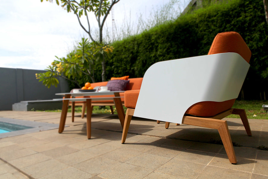 Kaat Teak Coffee Table by Mamagreen, showing kaat teak coffee table with kaat teak 2-seater sofa and kaat teak 1-seater sofa in live shot.