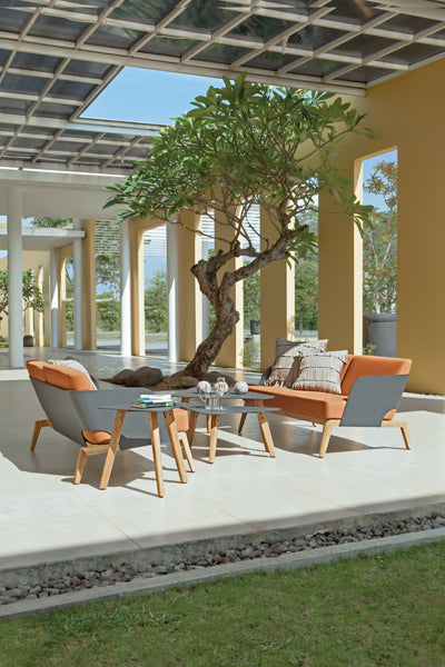 Kaat Teak Coffee Table by Mamagreen, showing kaat teak coffee table with kaat teak 2-seater sofa, kaat teak 1-seater sofa and kaat teak side table in live shot.