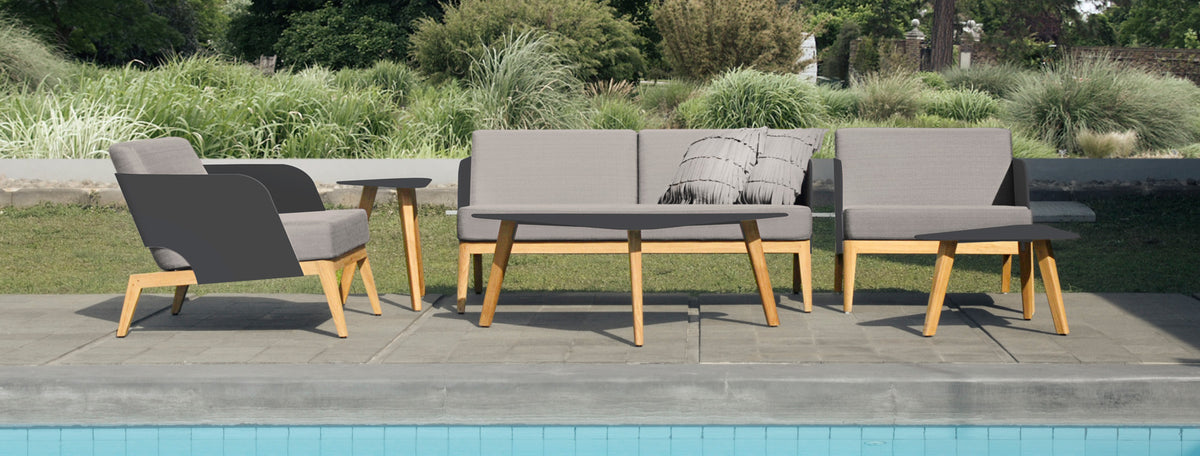 Kaat Teak Side Table by Mamagreen, showing kaat teak side table with kaat teak coffee tables, kaat teak 2-seater sofa and kaat teak 1-seater sofa in live shot.