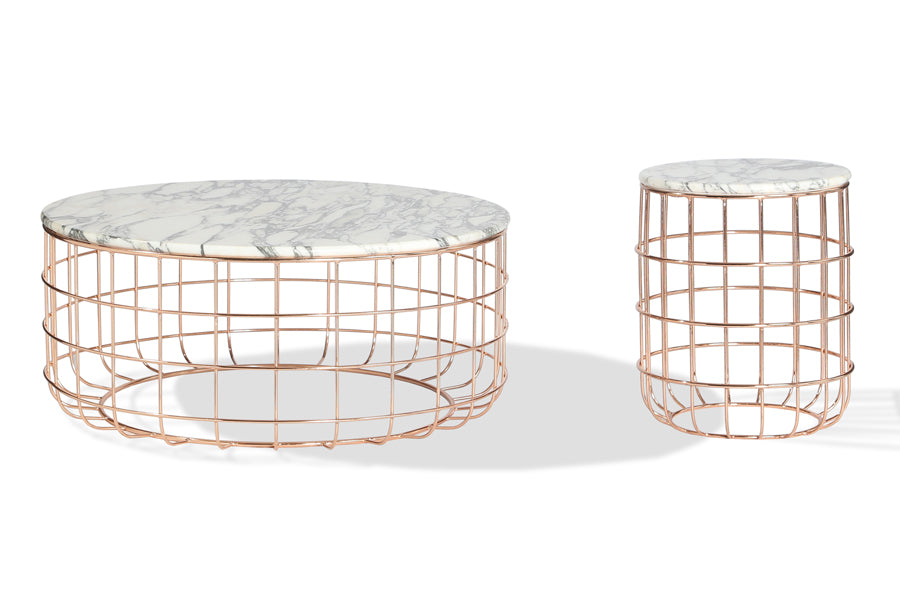 Violetta Marble End Table by SohoConcept, showing marble end table with coffee table together.