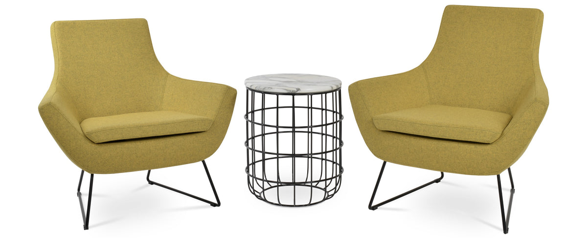 Violetta Marble End Table by SohoConcept, showing marble end table with 2 chairs.