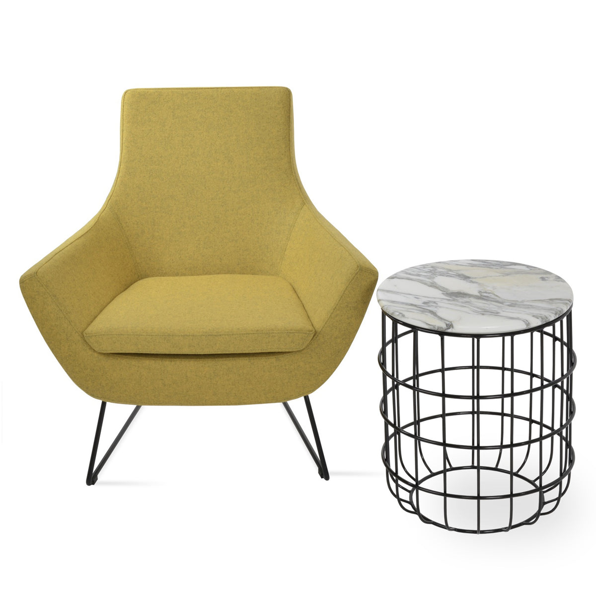 Violetta Marble End Table by SohoConcept, showing marble end table with 2 chair.