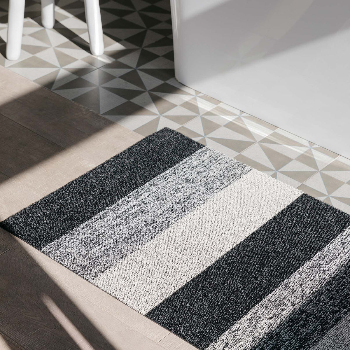 Marbled Stripe Shag Floor Mat by Chilewich, showing marbled stripe shag floor mat in live shot.