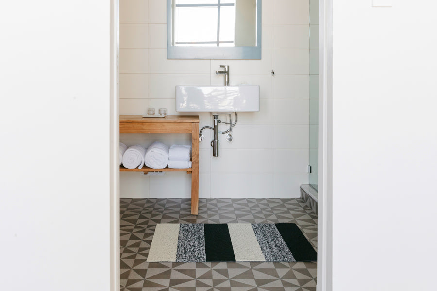 Marbled Stripe Shag Floor Mat by Chilewich, showing marbled stripe shag floor mat in live shot.
