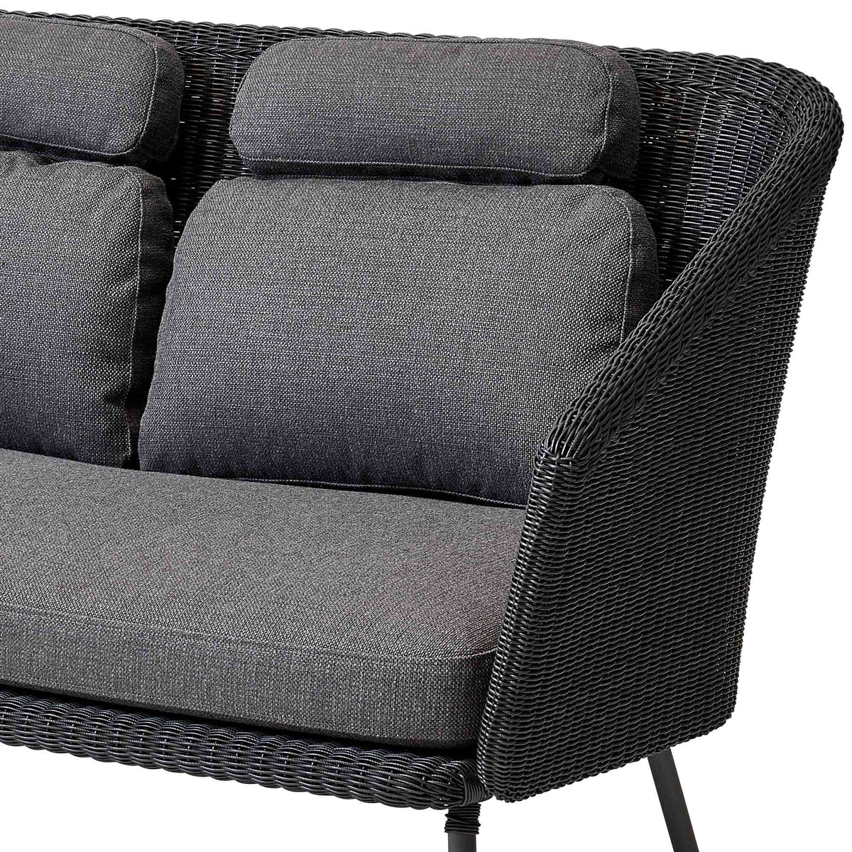 Mega Dining Bench by Cane-Line, showing closeup view of mega dining bench in grey weave/grey cushions.