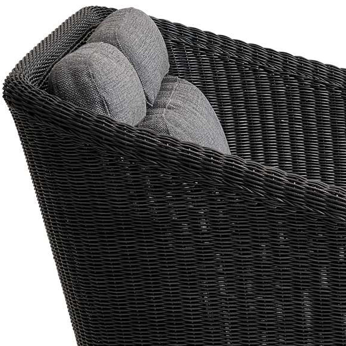 Mega Dining Bench by Cane-Line, showing closeup view of mega dining bench in grey weave/grey cushions.