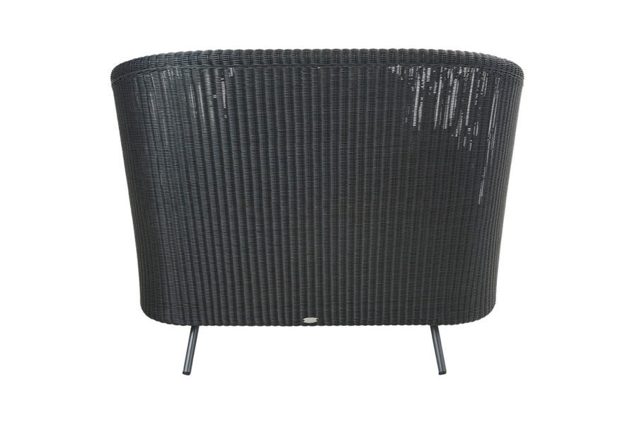 Mega Lounge Chair by Cane-Line, showing back view of mega lounge chairs in graphite weave/grey softtouch cushions.