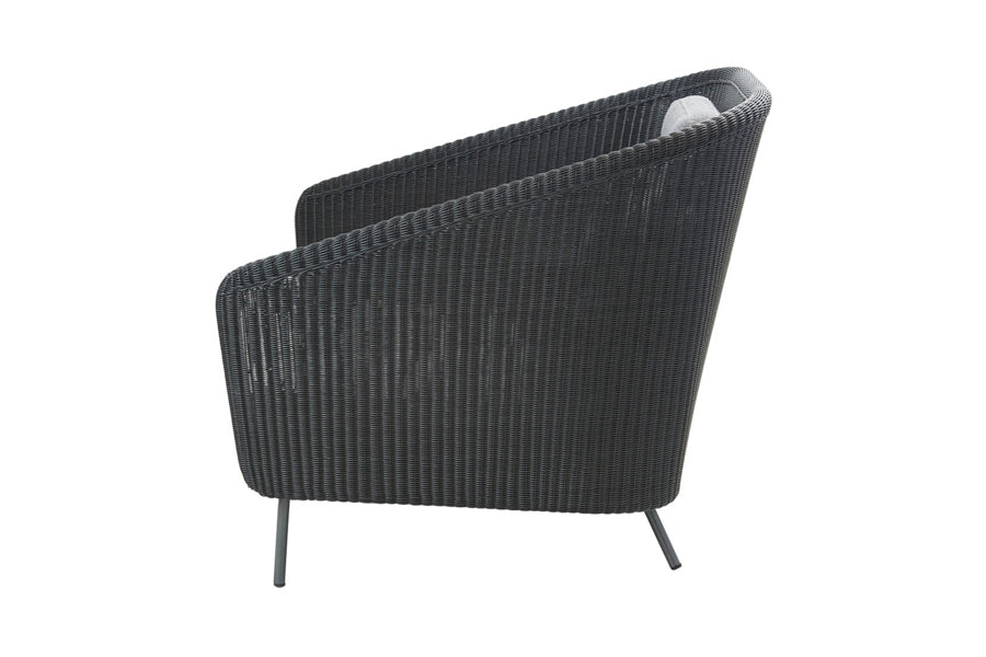 Mega Lounge Chair by Cane-Line, showing side view of mega lounge chairs in graphite weave/grey softtouch cushions.