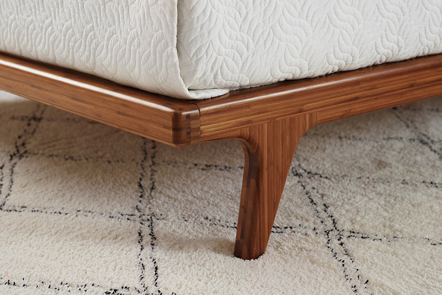Mercury Upholstered Platform Bed by Greenington, showing closeup view of mercury upholstered platform bed in live shot.