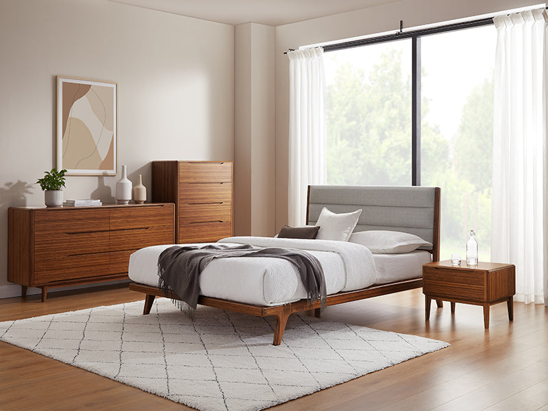 Mercury Upholstered Platform Bed by Greenington, showing mercury upholstered platform bed in live shot.