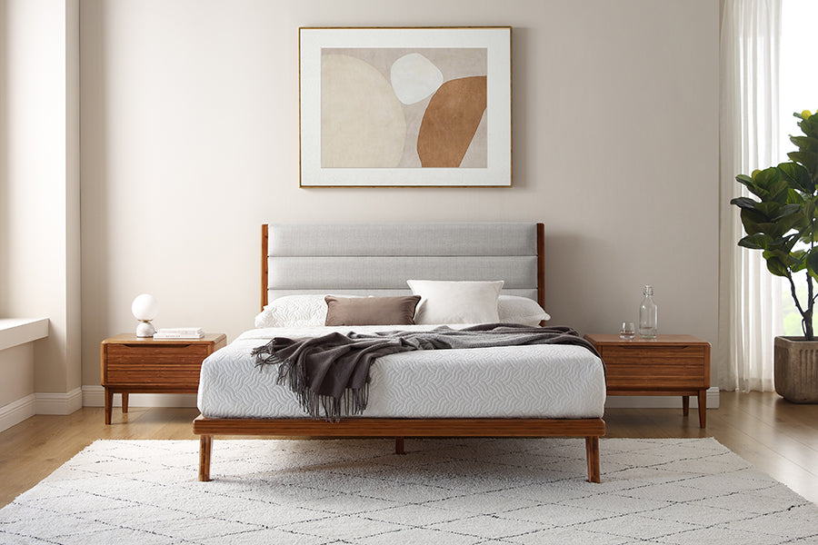 Mercury Upholstered Platform Bed by Greenington, showing mercury upholstered platform bed in live shot.