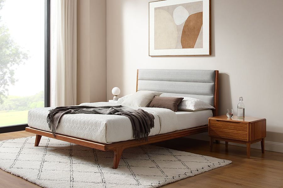 Mercury Upholstered Platform Bed by Greenington, showing mercury upholstered platform bed in live shot.