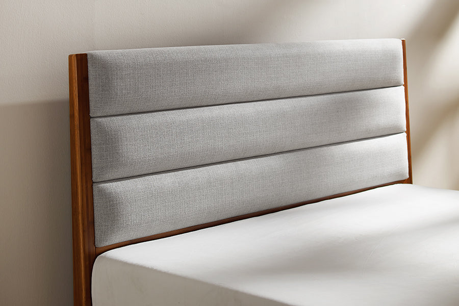 Mercury Upholstered Platform Bed by Greenington, showing closeup view of mercury upholstered platform bed in live shot.