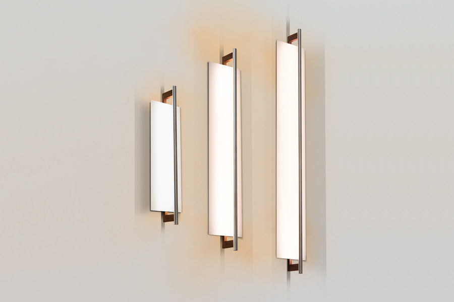Merus LED Sconce by Cerno, showing side view of merus led sconce in 22", 31" & 40", walnut wood.