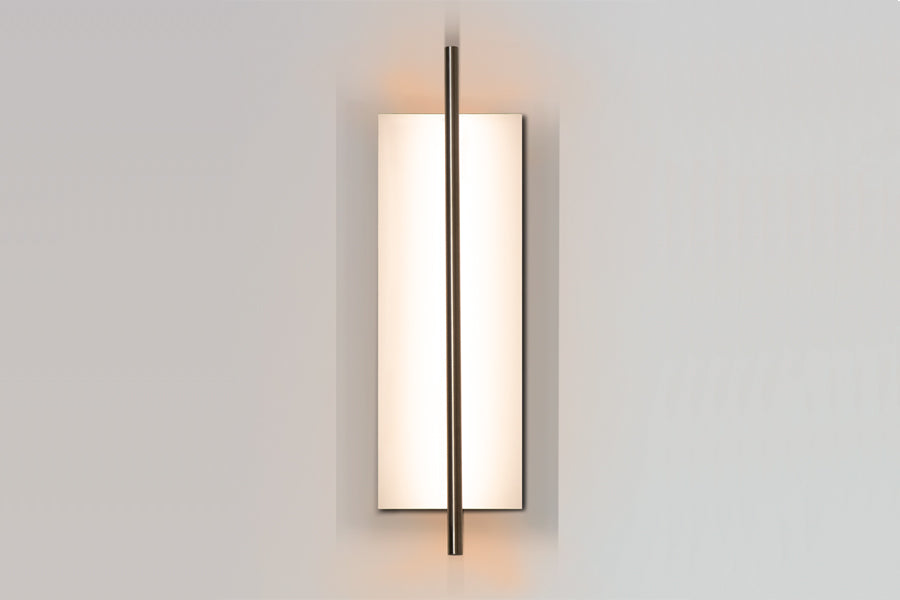 Merus LED Sconce by Cerno, showing front view of merus led sconce in 22", walnut wood.