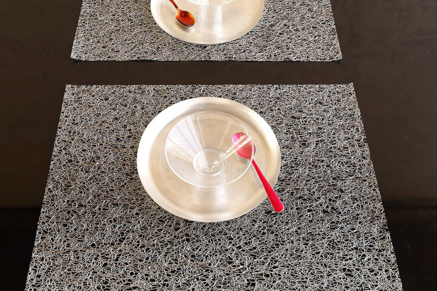 Metallic Lace Tabletop by Chilewich, showing metallic lace tabletops in live shot.