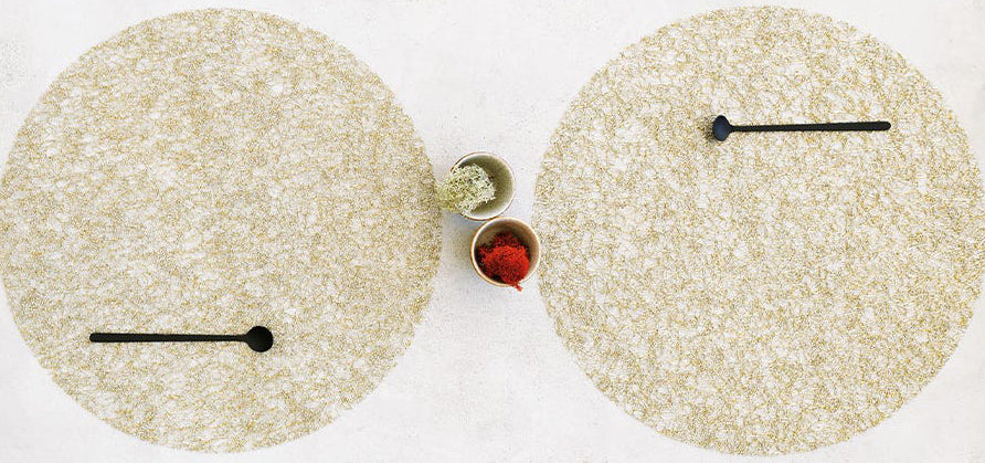 Metallic Lace Tabletop by Chilewich, showing metallic lace tabletops in live shot.