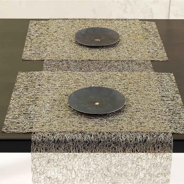 Metallic Lace Tabletop by Chilewich, showing metallic lace tabletops in live shot.