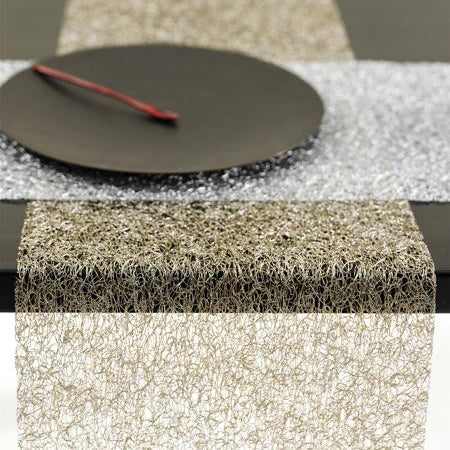Metallic Lace Tabletop by Chilewich, showing metallic lace tabletops in live shot.