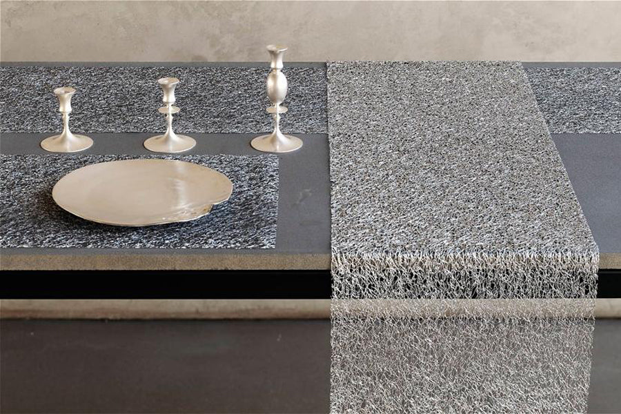 Metallic Lace Tabletop by Chilewich, showing metallic lace tabletops in live shot.