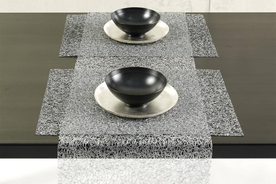 Metallic Lace Tabletop by Chilewich, showing metallic lace tabletops in live shot.